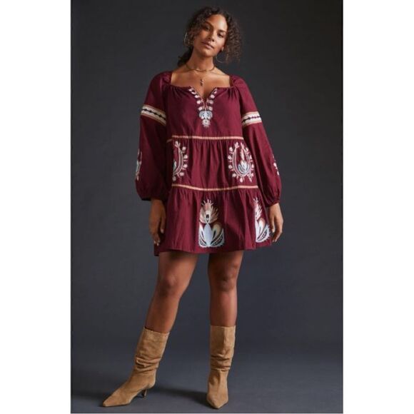 NEW Anthropologie Let Me Be Embroidered V-Neck Tunic Peasant Mini Dress  Medium - mordernwear.com